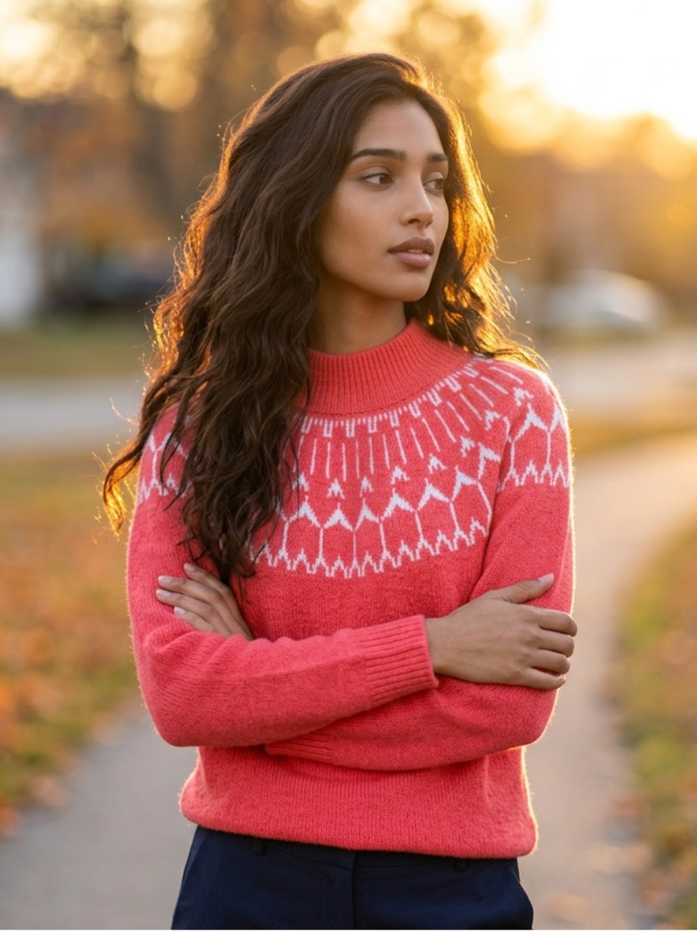 Talbots Coral and White Cowl Sweater